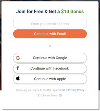 befrugal sign up bonus of $10