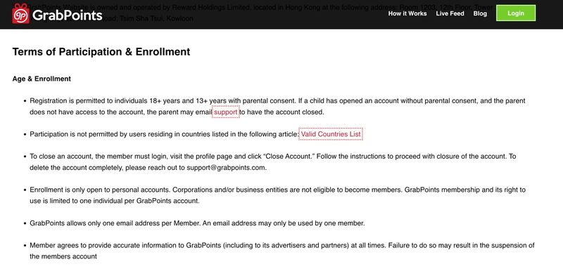 GrabPoints age requirements