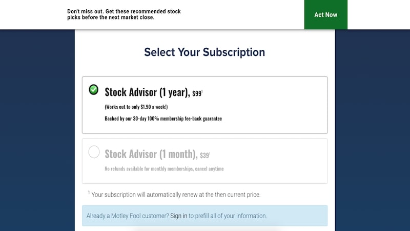 Motley Fool Stock Advisor pricing